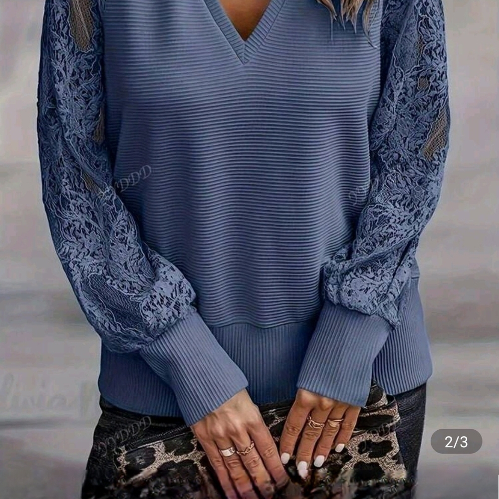 Elegant Lace Sleeve Blue Sweater